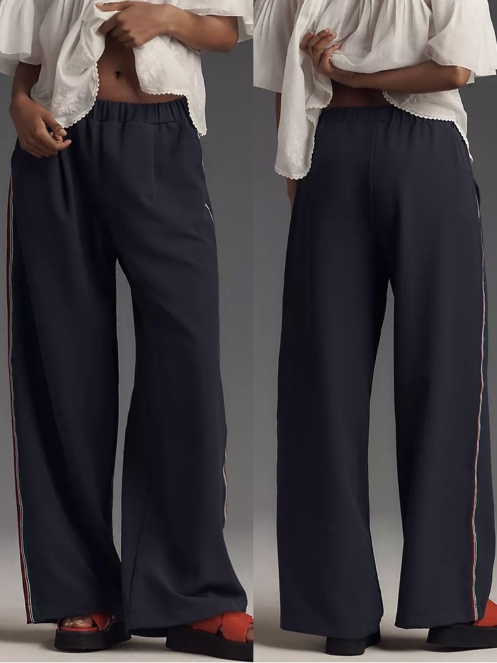 Anthropologie Navy Wide-Leg Pants with Multicolor Side Stripe